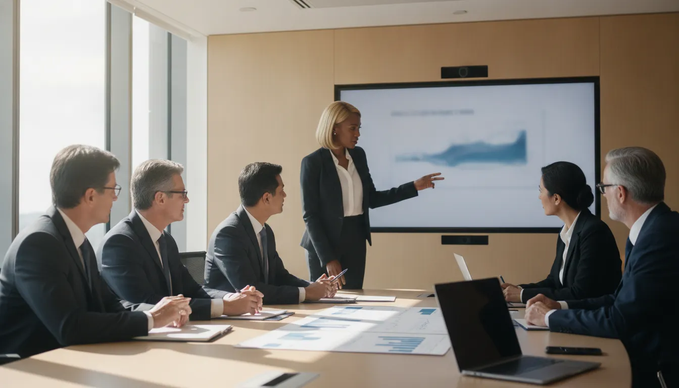 Senior leaders collaborating around a conference table on project portfolio strategy in a modern boardroom