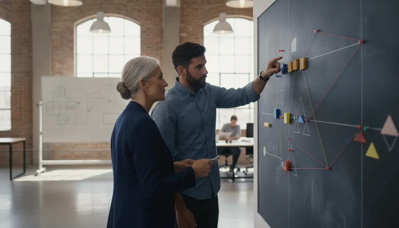Senior project management consultant working alongside an operations manager in a bright industrial office