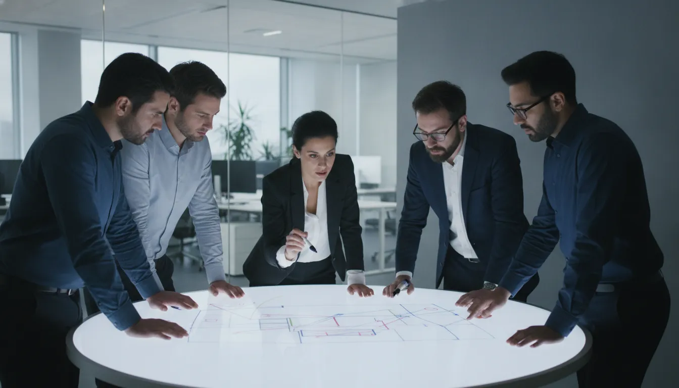 Project managers and functional leads collaborating on an execution plan in a modern operations room