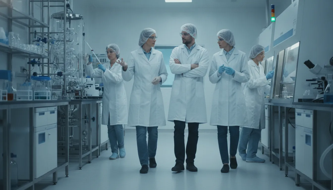Biotech research team coordinating work across laboratory and project teams