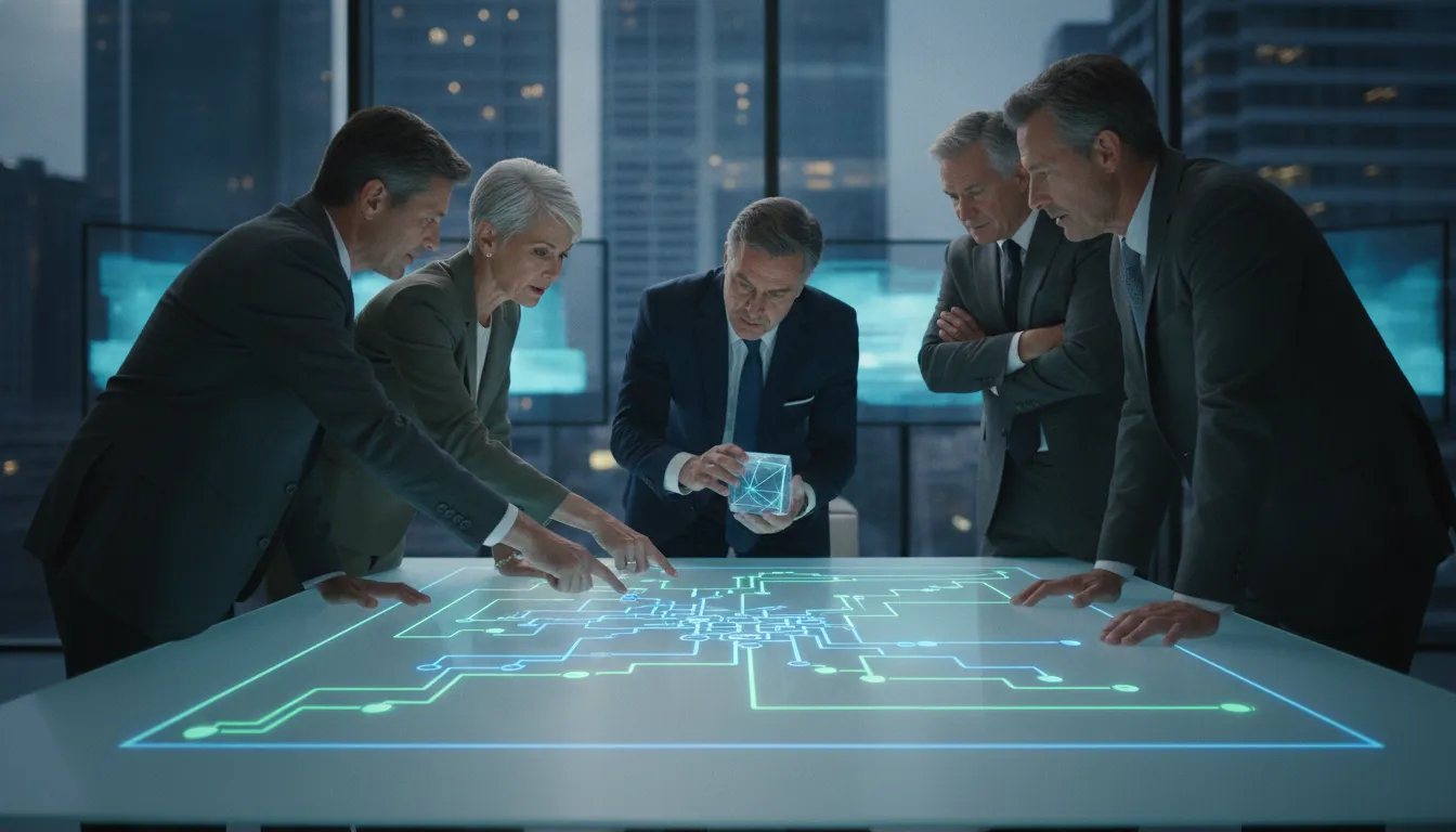 Senior executives reviewing complex project portfolio priorities