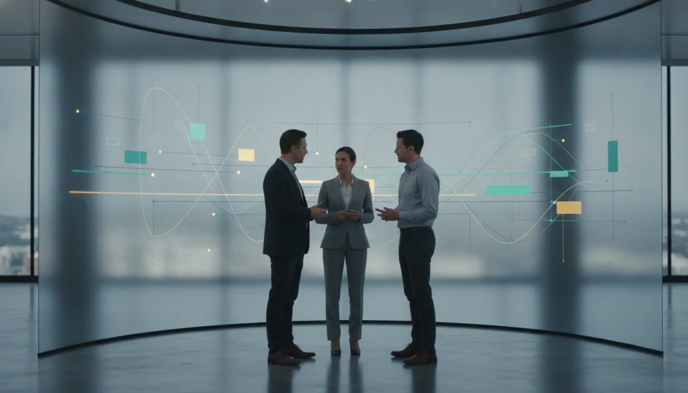 Executive project leaders reviewing a complex portfolio with an embedded PMO team