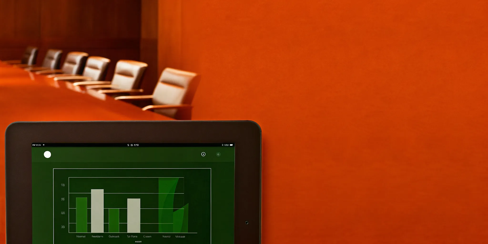 Executive dashboard displaying PMO KPIs and project health metrics on a modern tablet in a brightly lit professional conference room