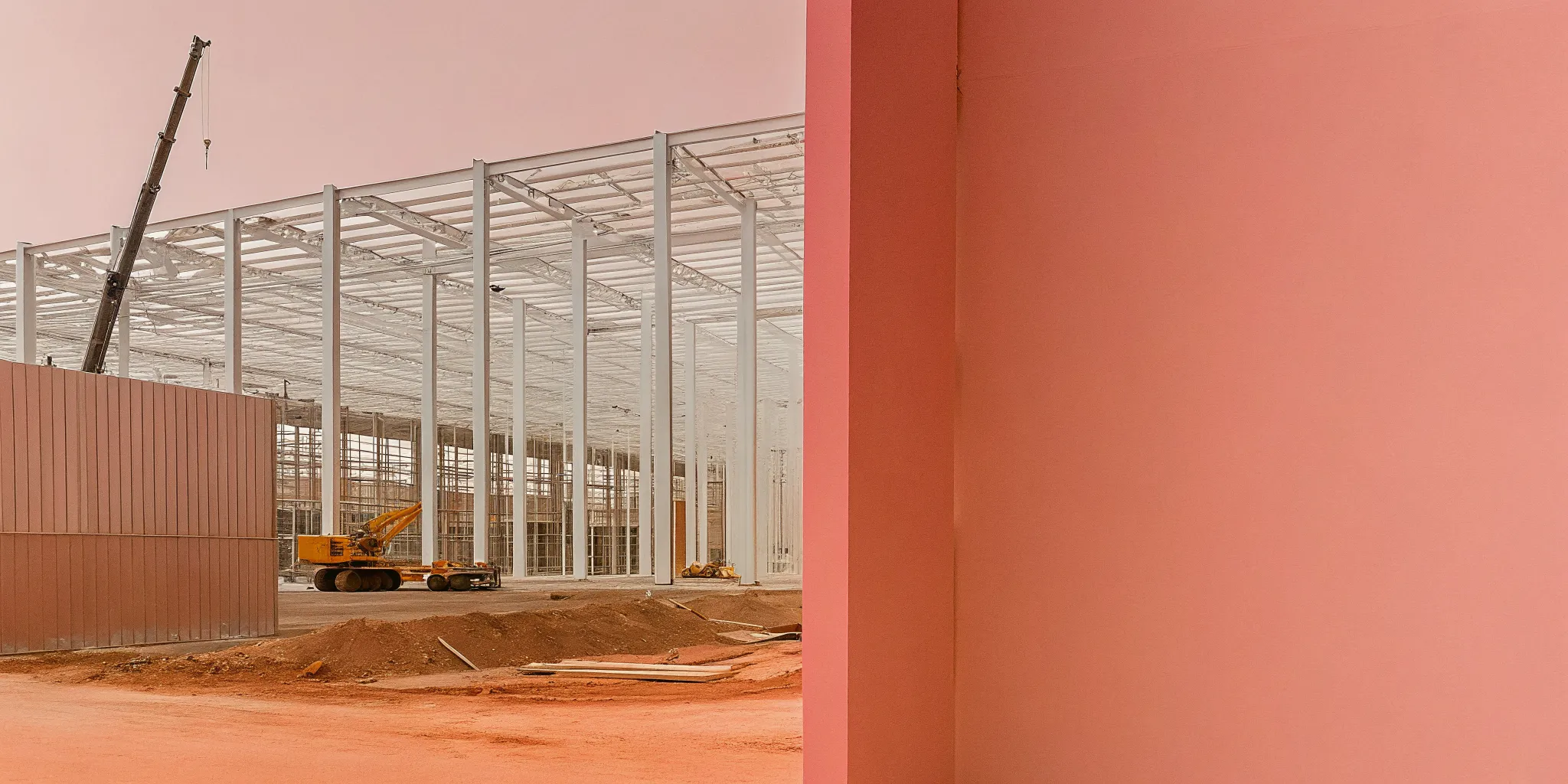 Professional food manufacturing plant expansion construction with cranes and steel framework alongside active production facility