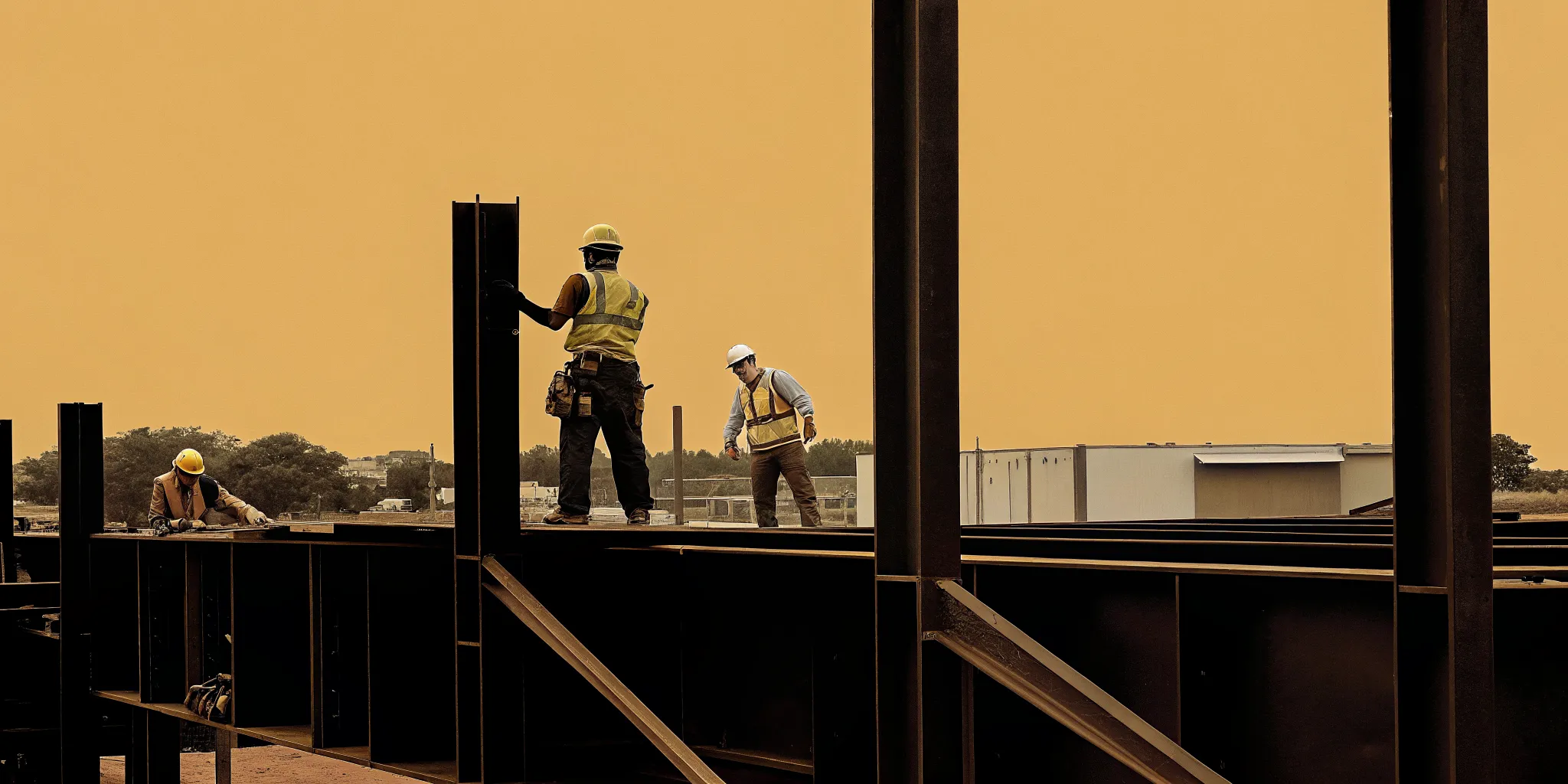 Construction crew building steel framework addition onto food manufacturing facility