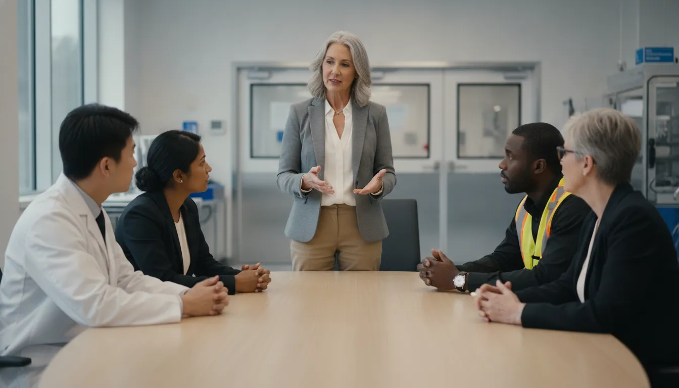 Project manager leading cross-functional leadership training in a regulated industry