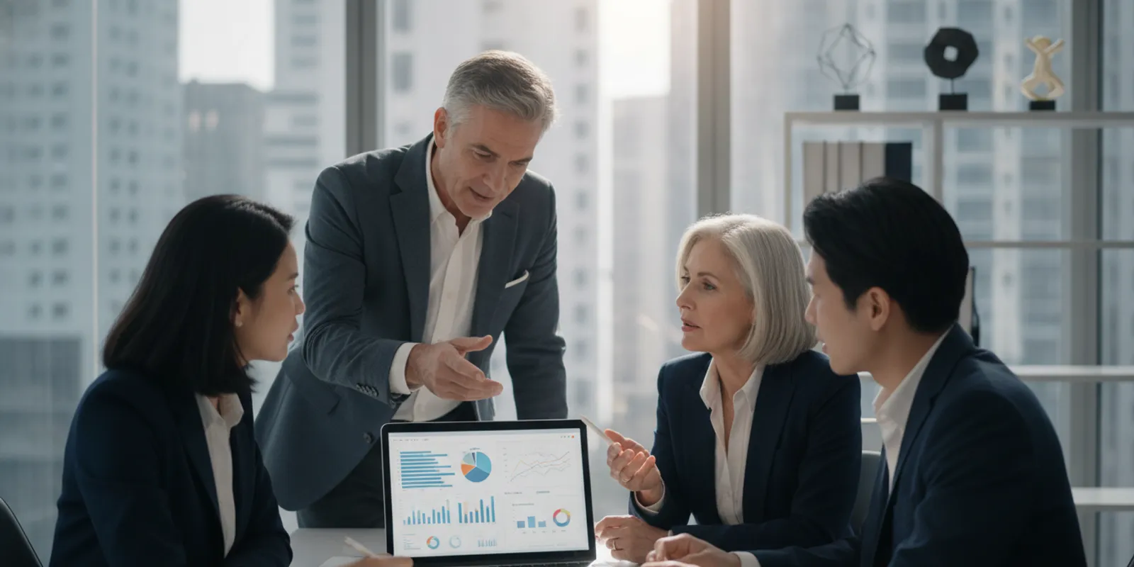 Executives and project leaders review a project portfolio dashboard in a modern meeting room