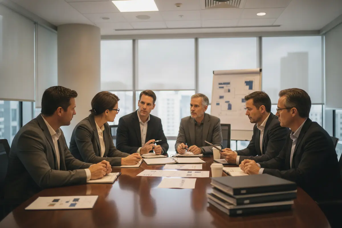Cross-functional team reviewing pilot decisions and project dependencies