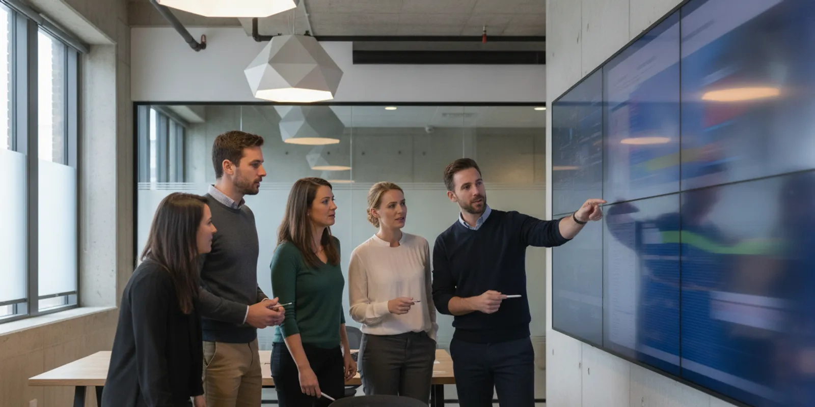 Technology project team reviewing an integrated delivery plan in a modern engineering workspace