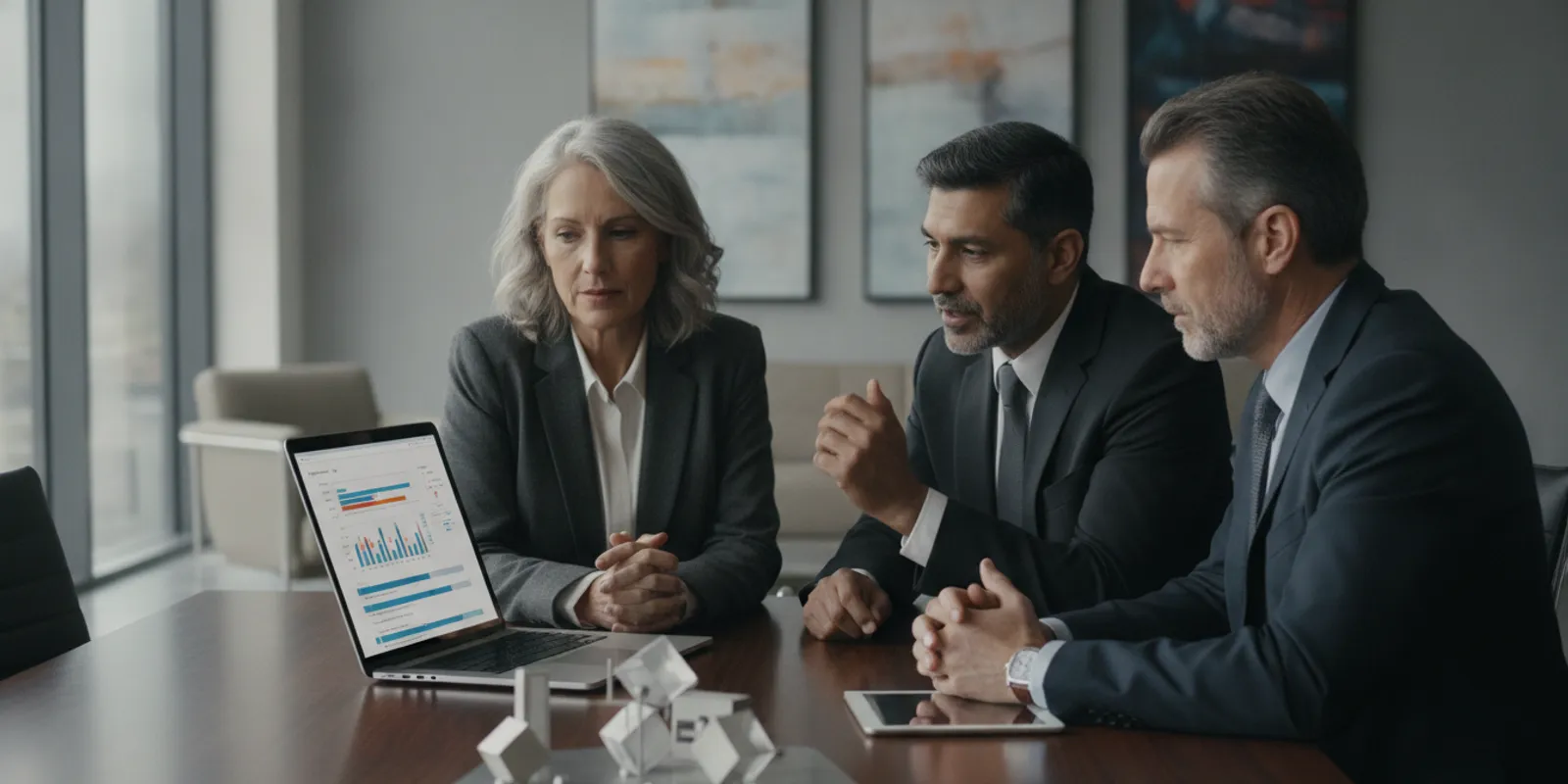 Executives reviewing a project portfolio dashboard with a PMO advisor in a conference room