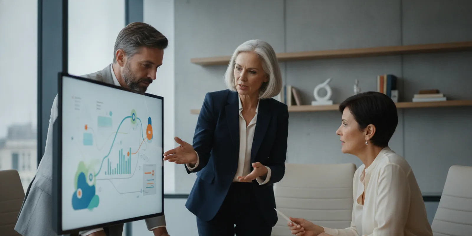 Project leaders reviewing a portfolio dashboard together in a modern meeting room