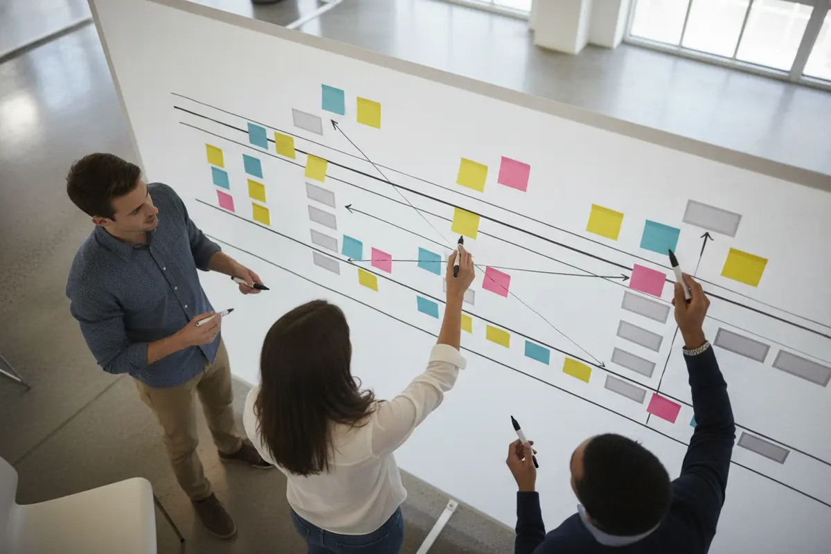 Project team mapping work and dependencies on a planning wall