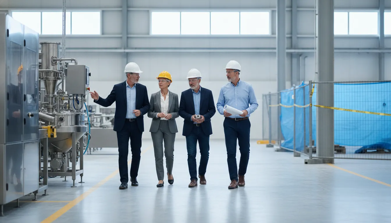 Senior food manufacturing leaders reviewing capital project management in a modern production facility