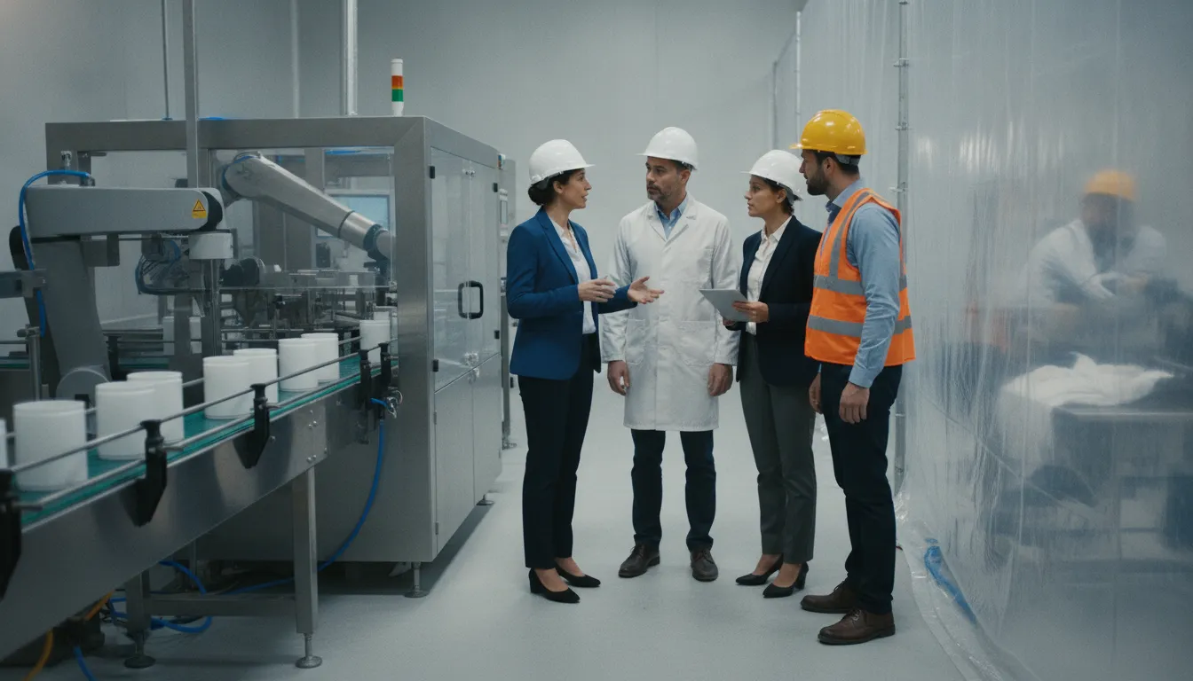 Cross-functional food manufacturing project team reviewing a production and construction interface