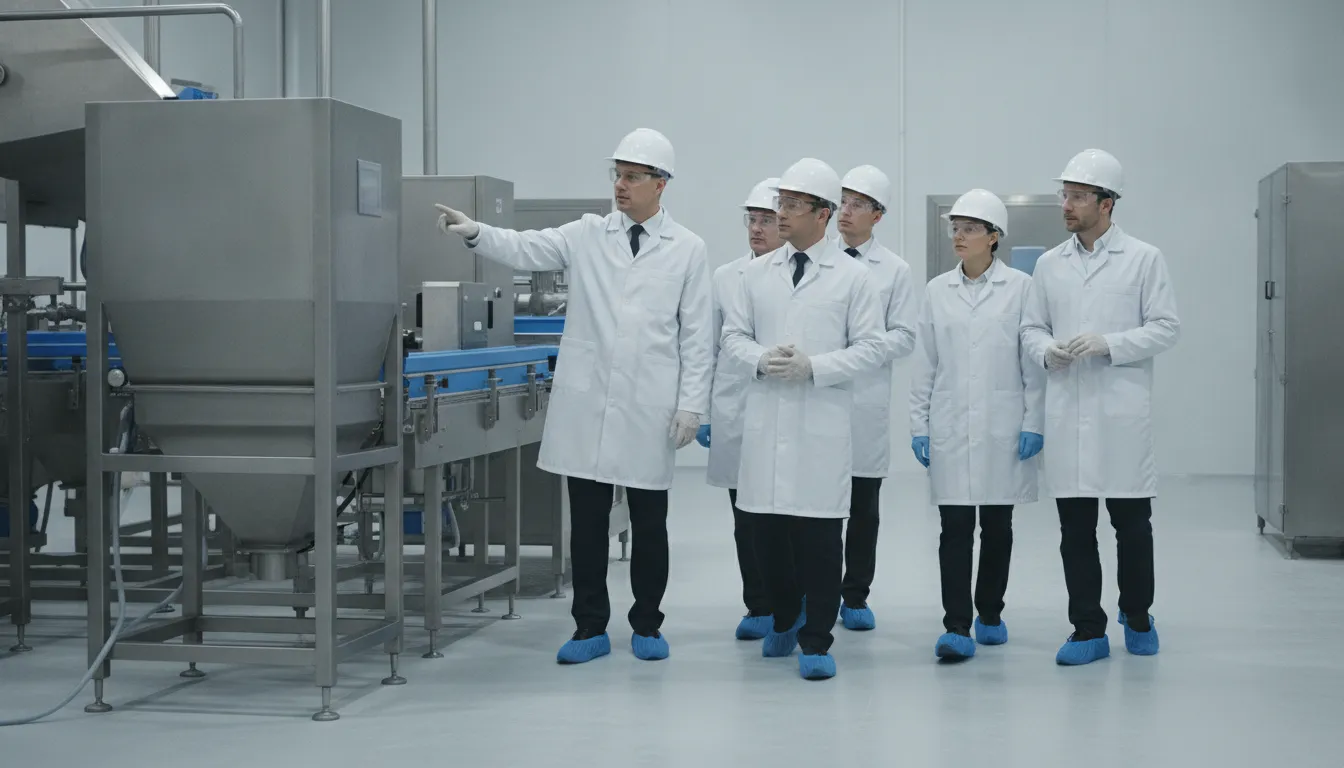 Engineers and operations leaders inspecting food processing equipment during commissioning