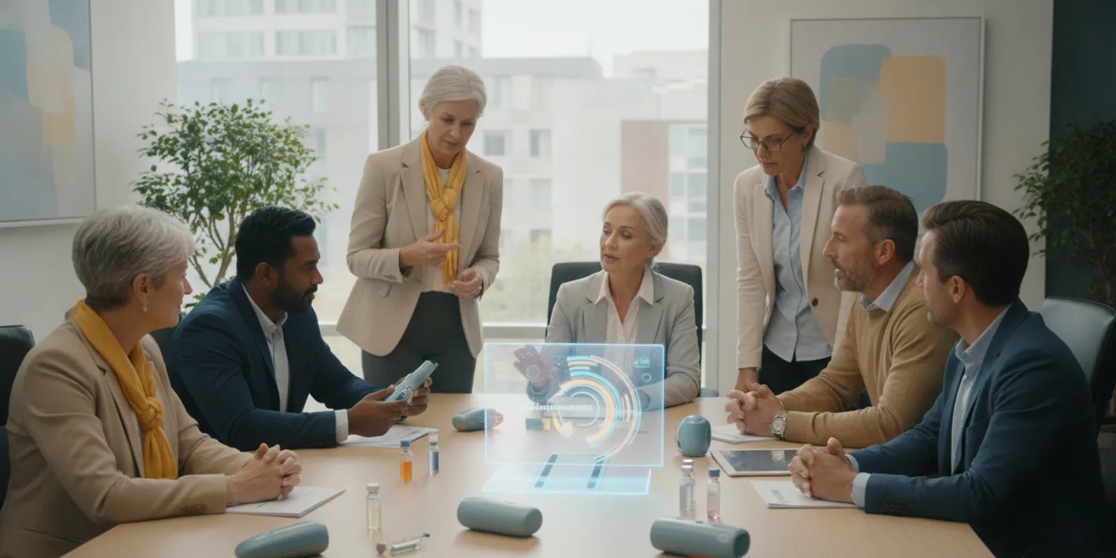 Cross-functional product team reviewing commercialization milestones in a bright, modern meeting room