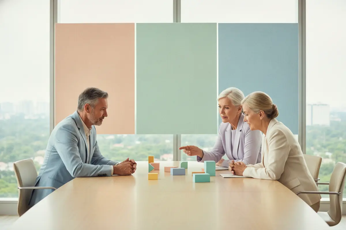 Executives reviewing outcome measures and delivery evidence for a portfolio company initiative
