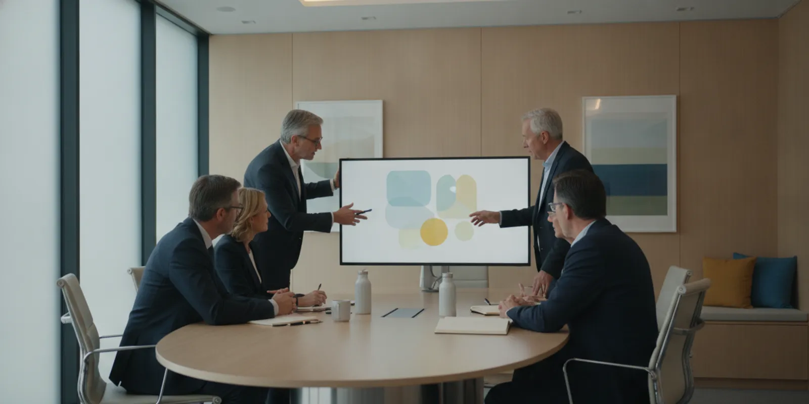 Executives reviewing a portfolio dashboard with a project team in a bright modern meeting room