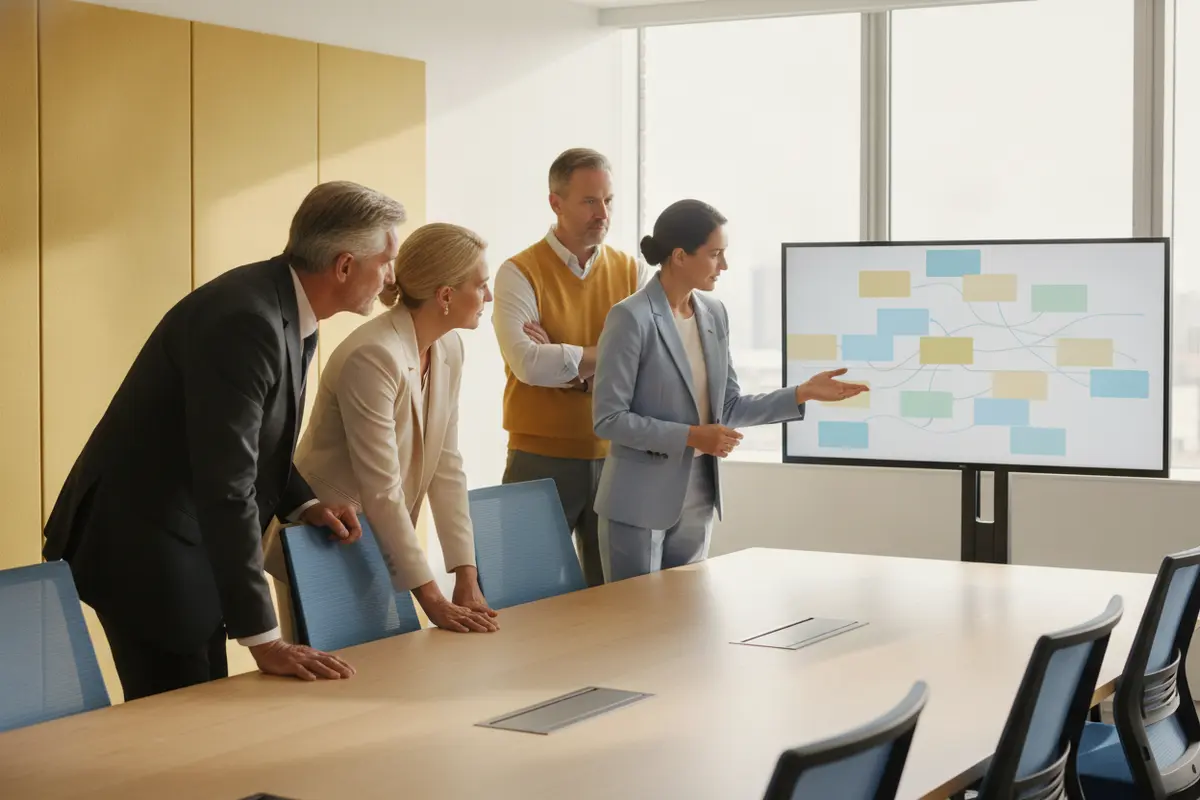 Project leaders reviewing a portfolio dashboard together