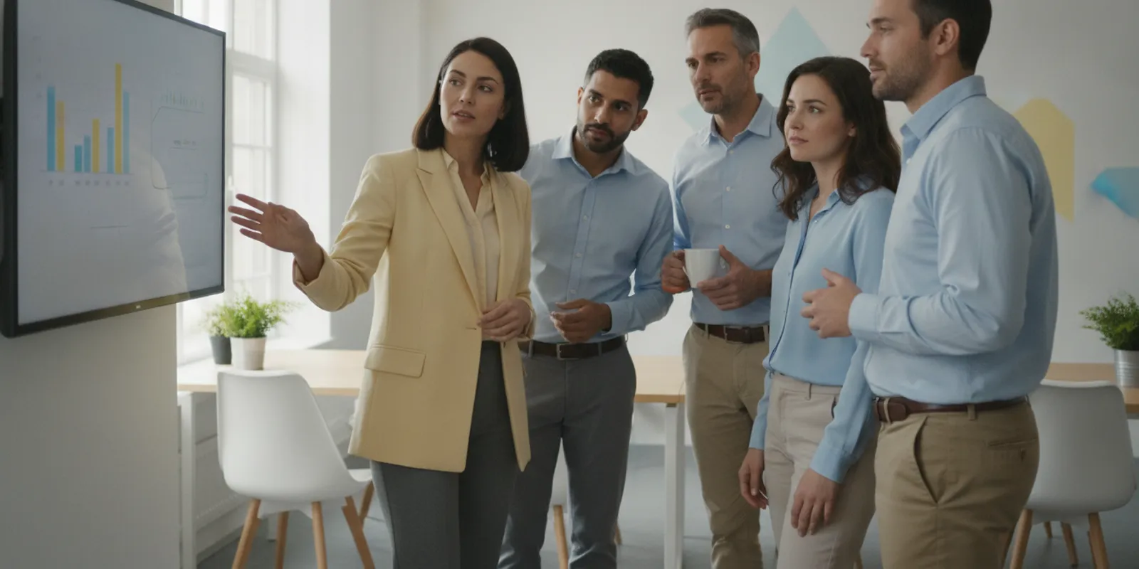 Project team reviewing a Smartsheet-style project dashboard in a bright, regulated workplace