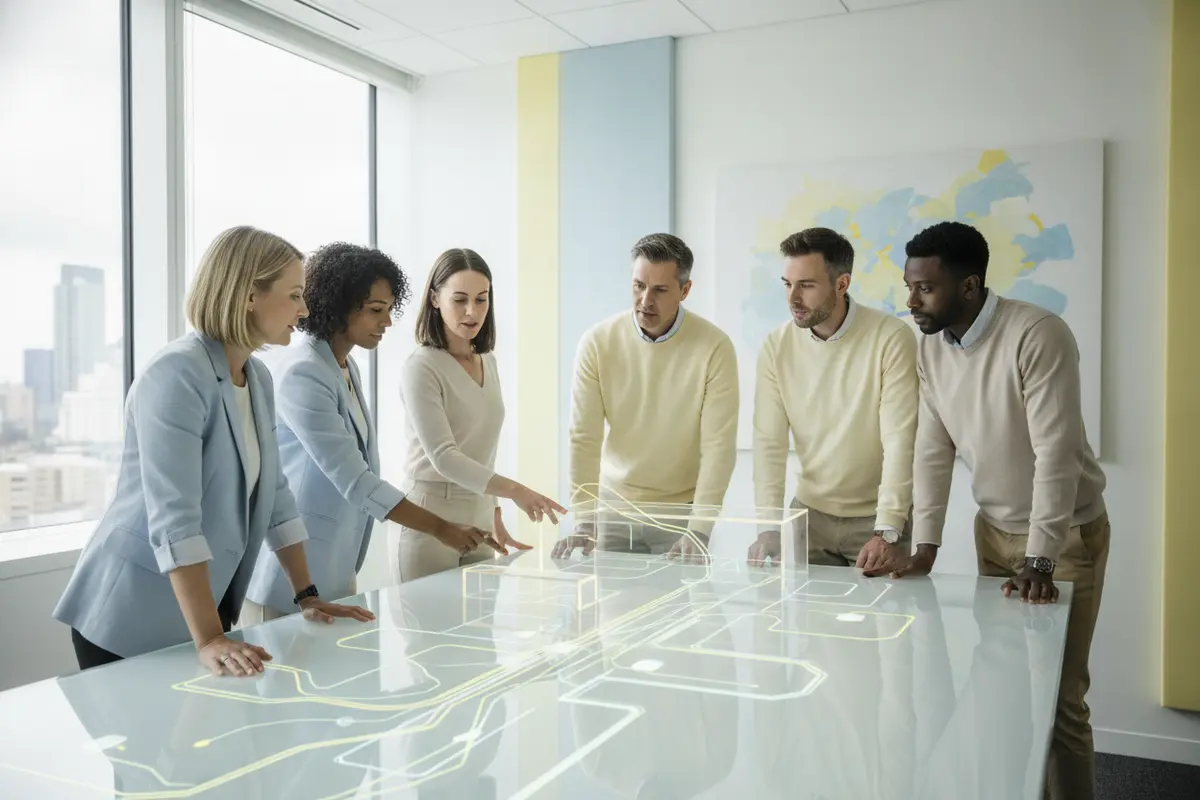 Cross-functional team aligning project governance around a shared dashboard
