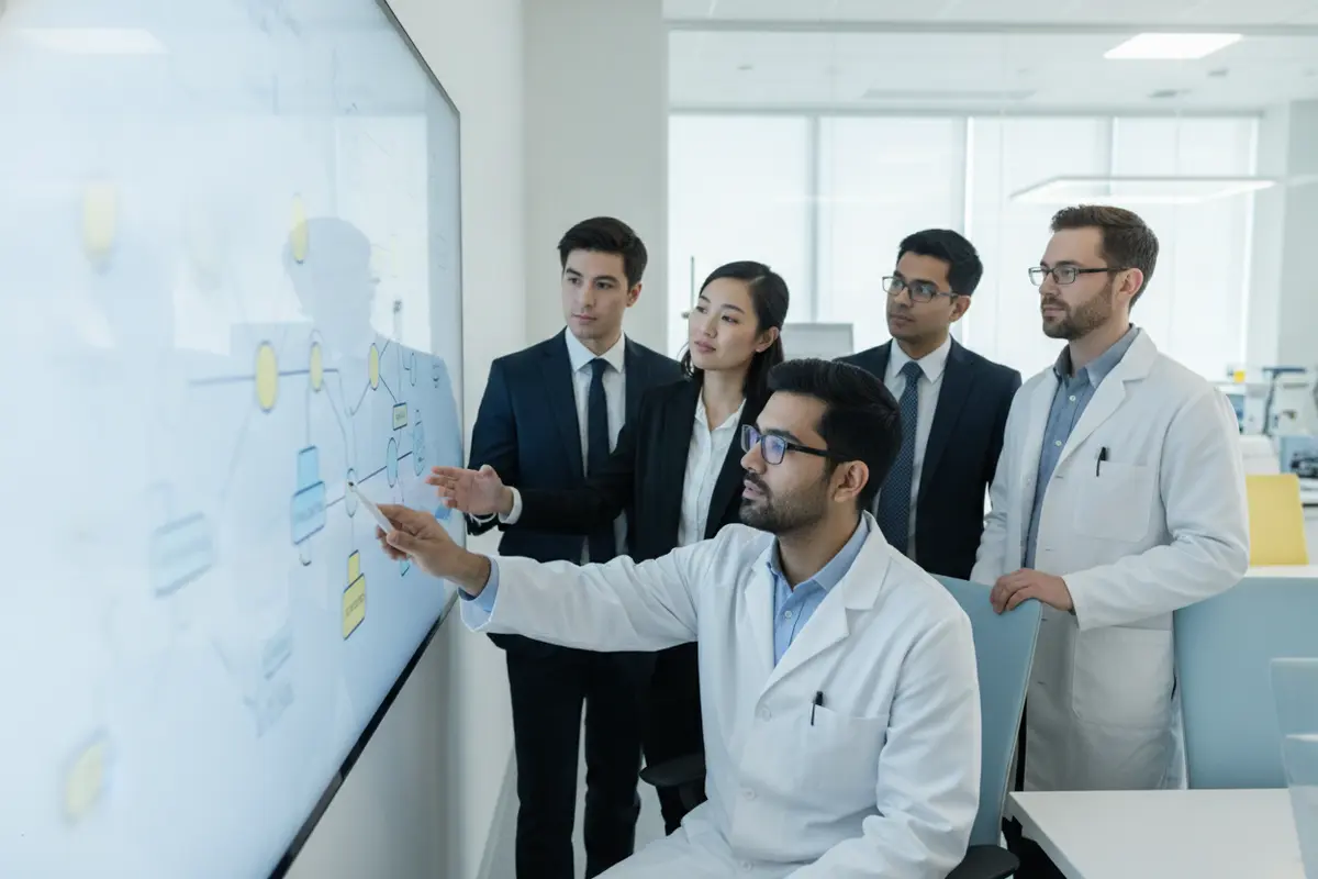 Biotech colleagues coordinating pre-IND meeting workstreams in a bright conference room