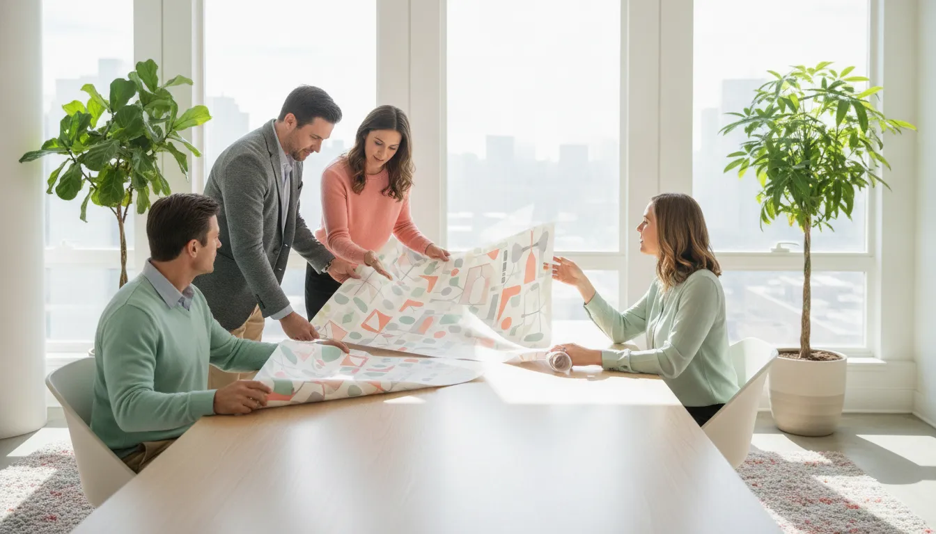 Senior leaders reviewing a program plan in a bright meeting room