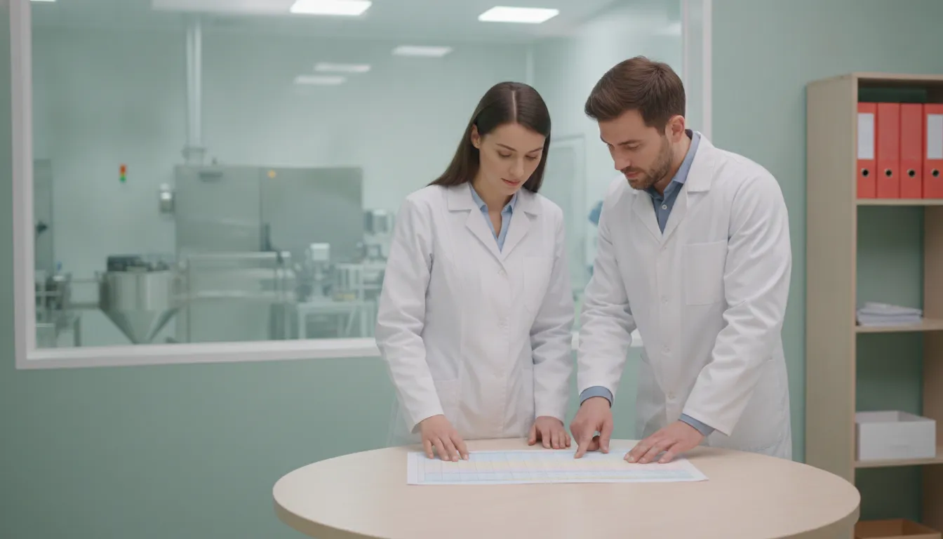 Project leads reviewing a manufacturing schedule beside a production area