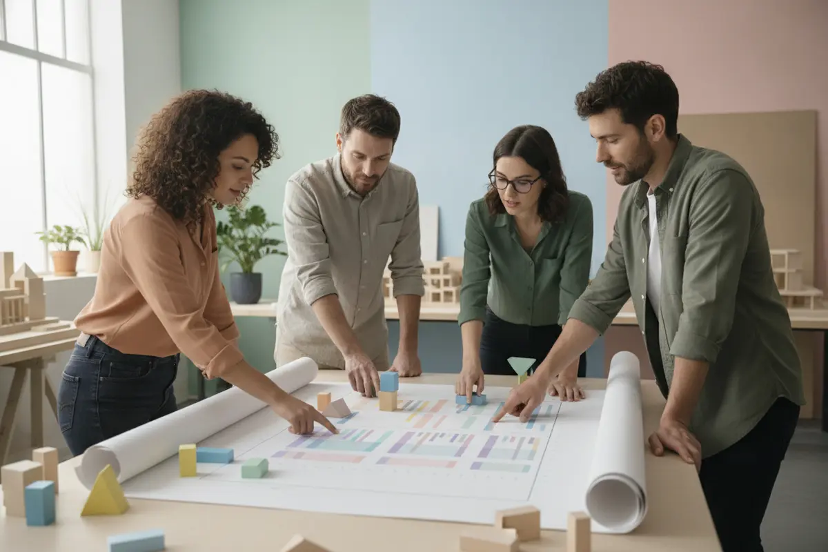 Cross-functional team reviewing project risks and delivery dates