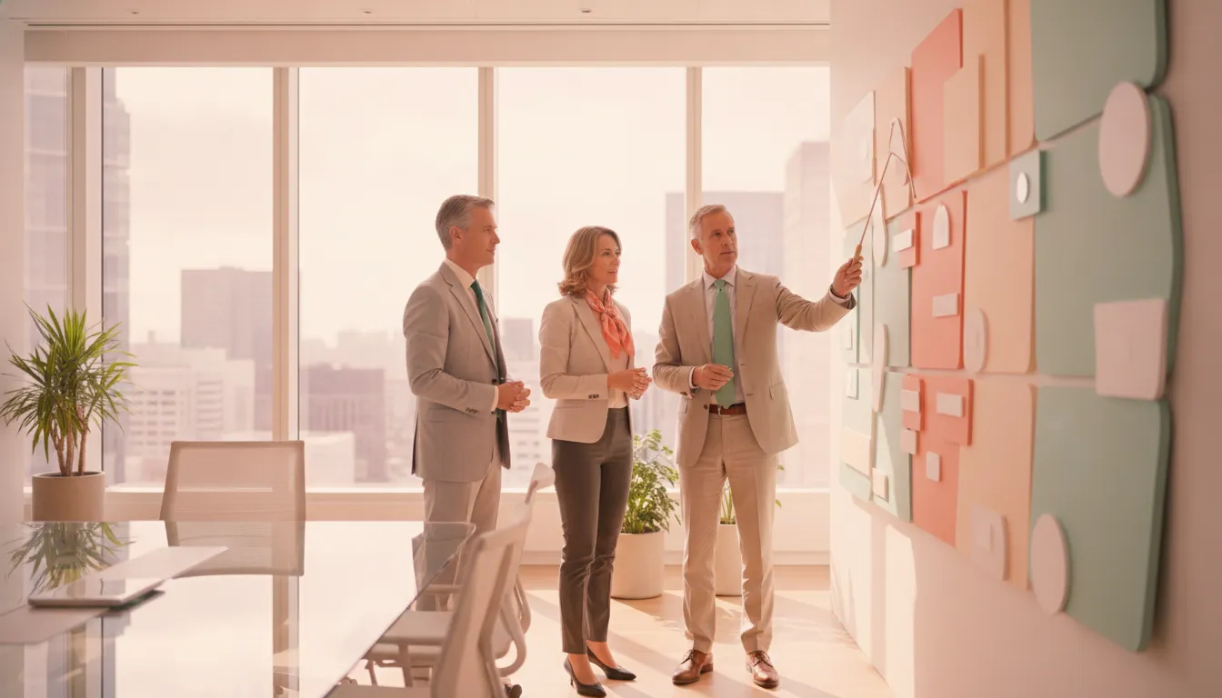 Executives reviewing a financial services program control board in a bright meeting room