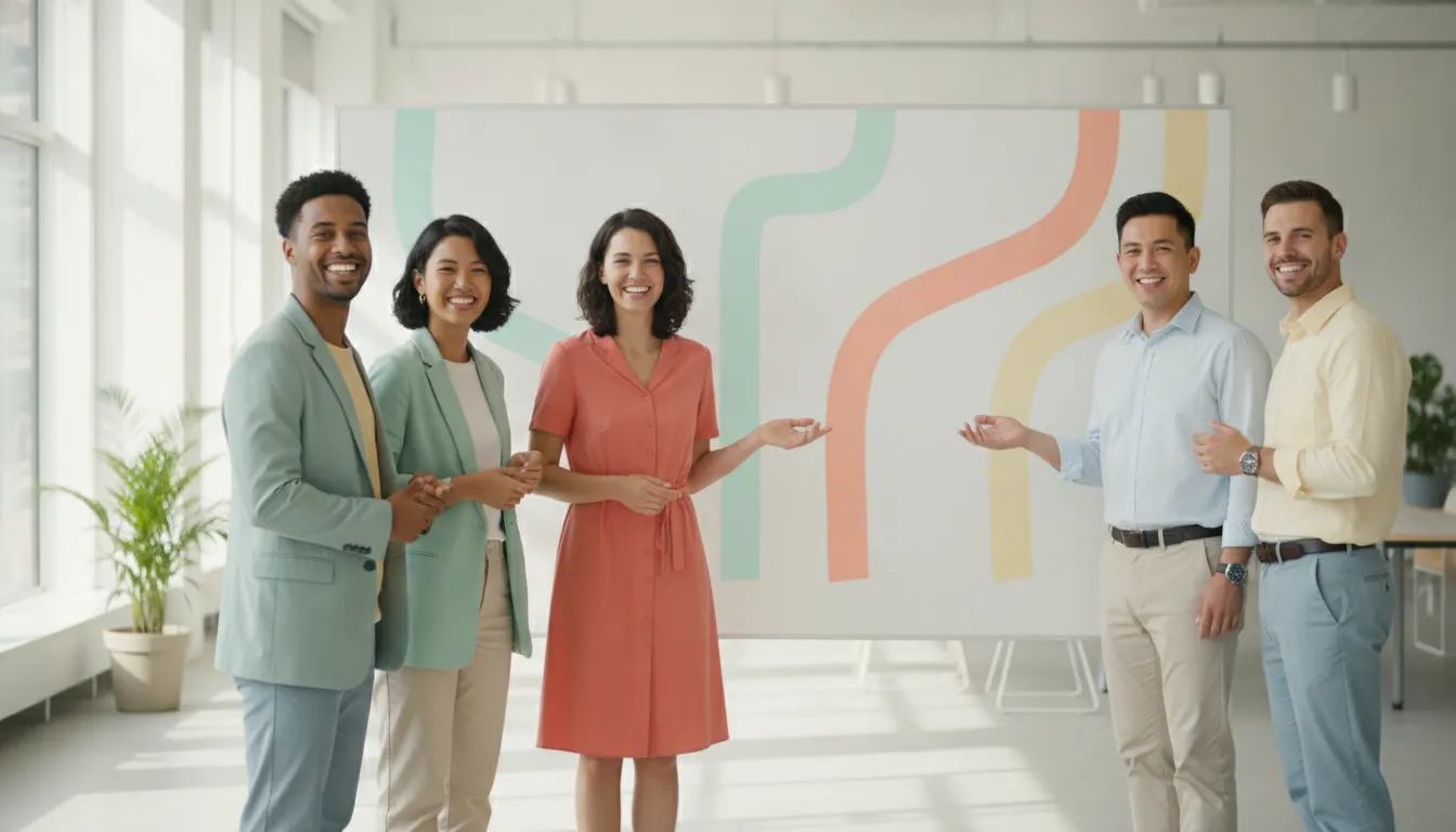 Program leaders standing beside colored gate markers during a financial services control review