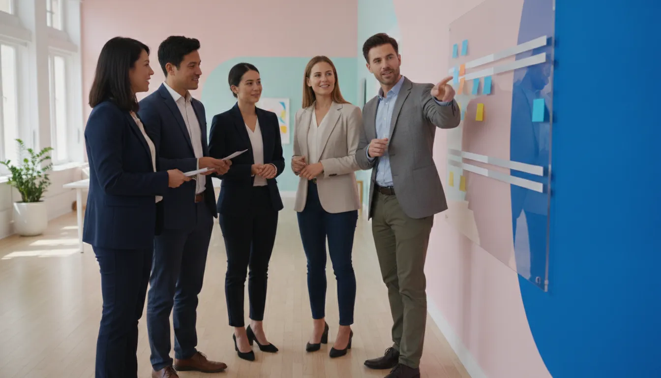 Programme leaders reviewing aerospace risk, supplier, and certification constraints on a wall board