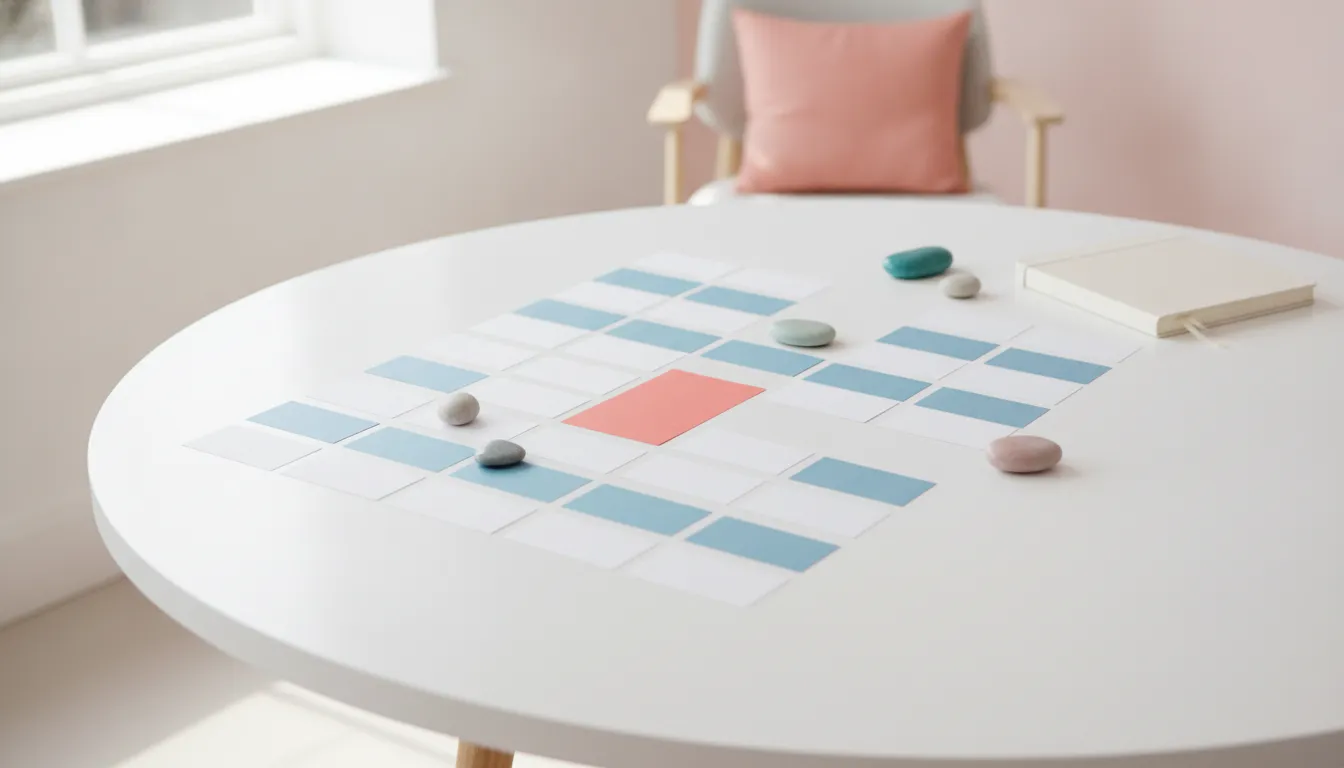 Color cards and stones on a review table marking supplier and gate risks