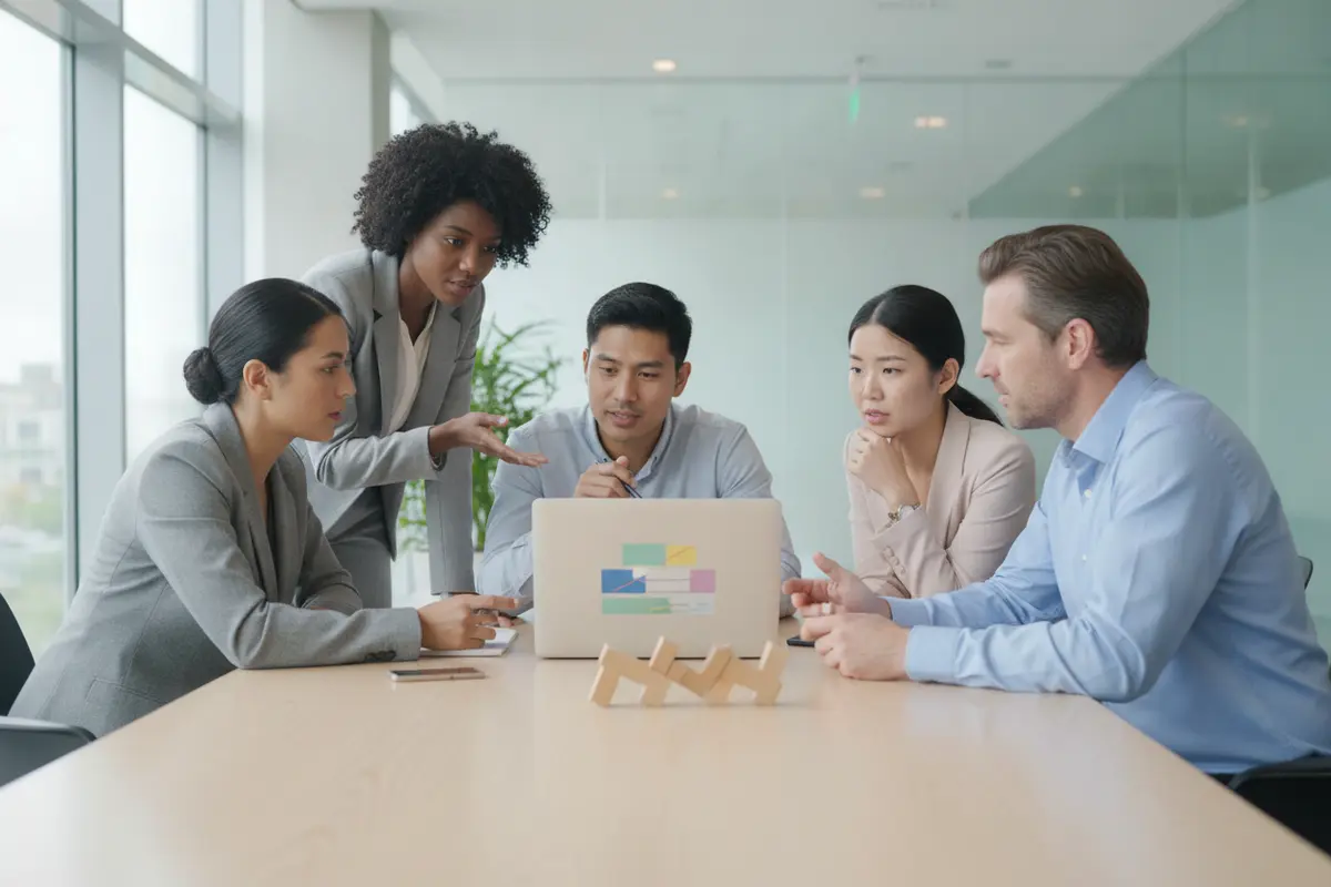 A cross-functional team reviews a project dashboard and resolves a delivery dependency together