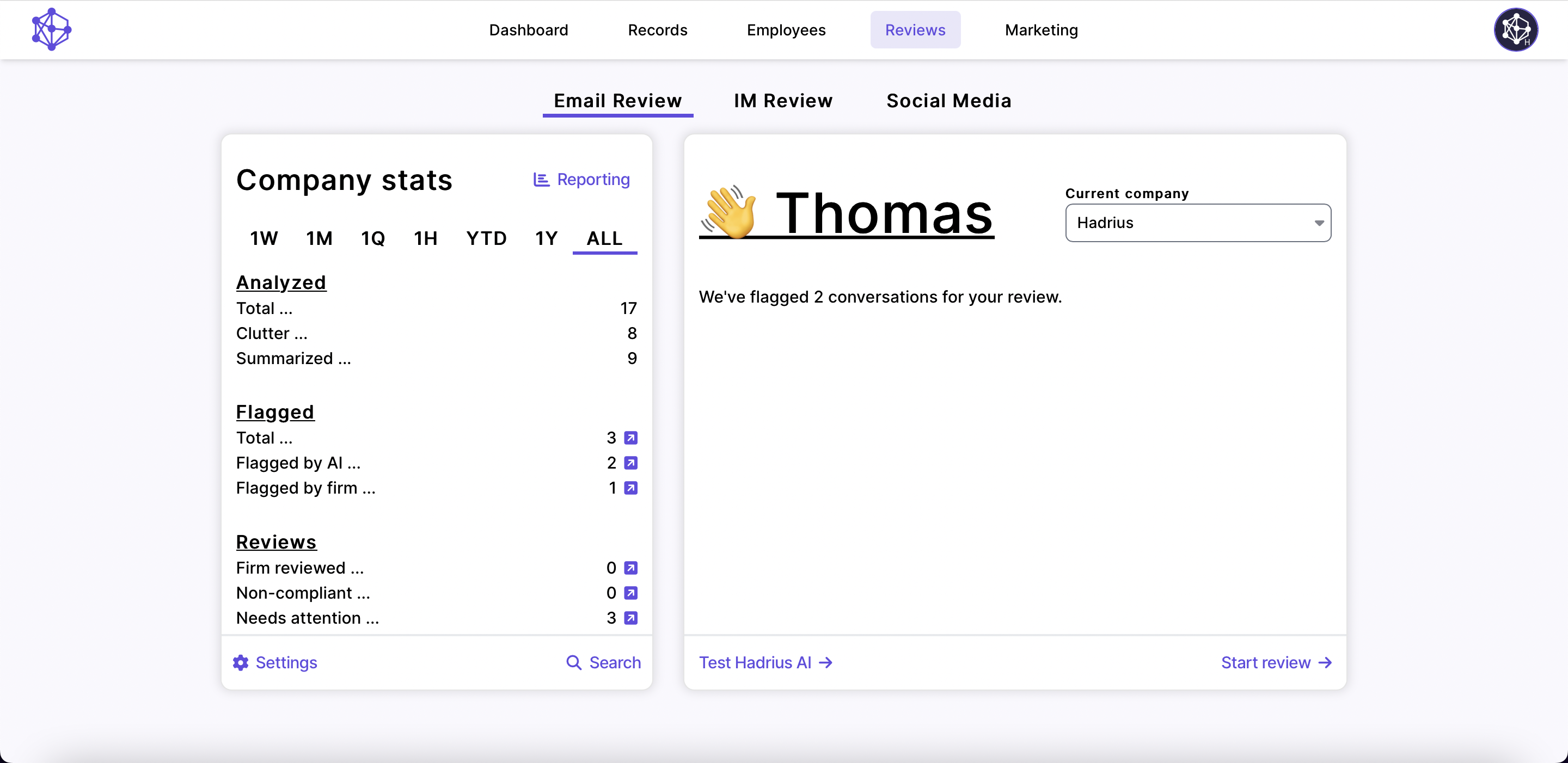 Hadrius' email archiving user interface