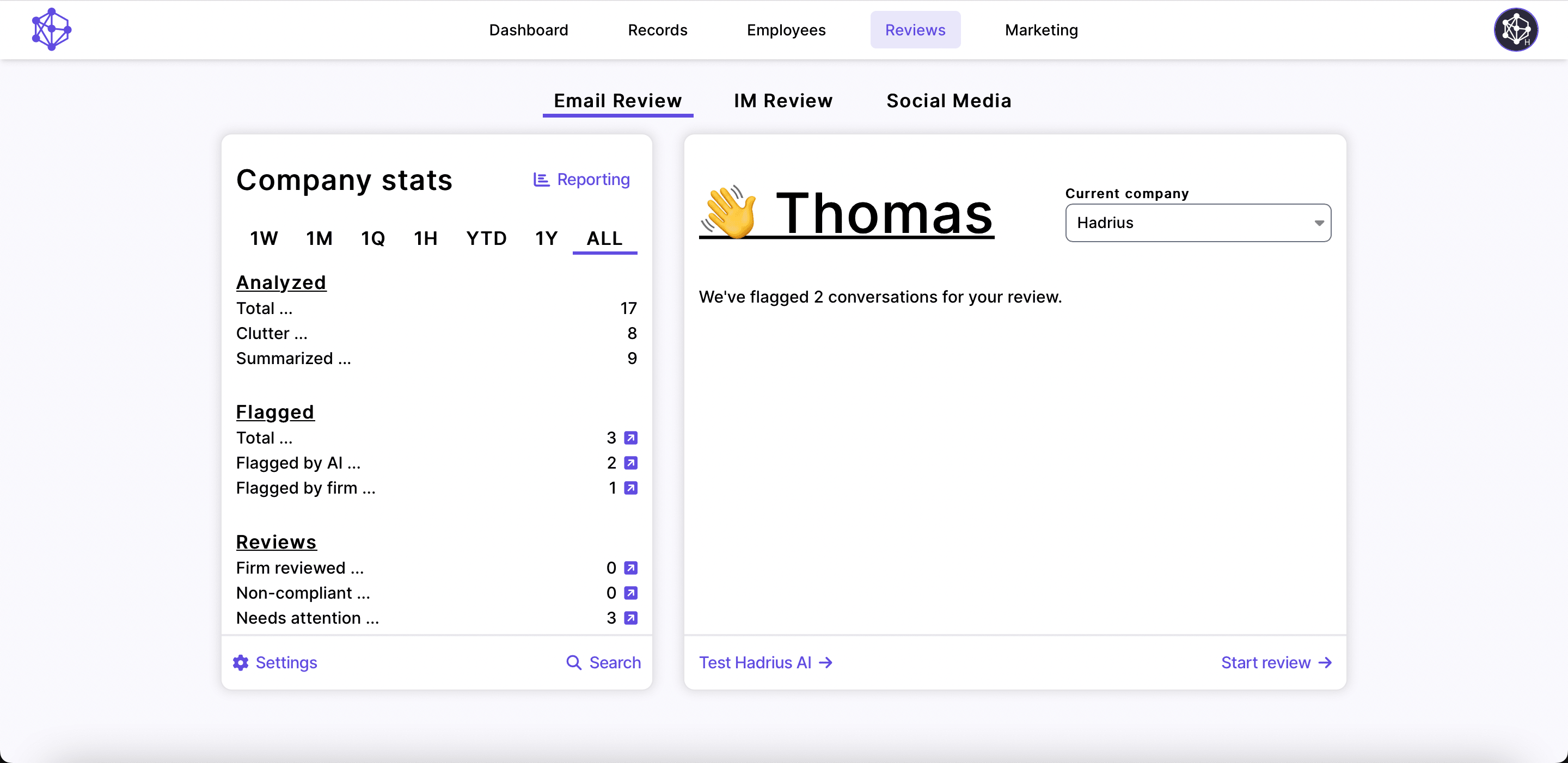 Hadrius' communications review user interface