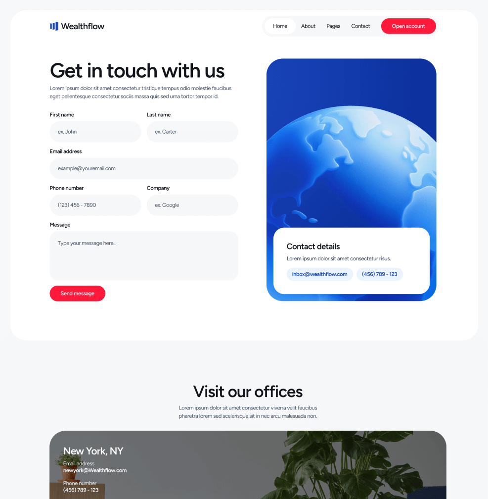 Wealthflow - Contact V3 Main Page - Bank Webflow Template | BRIX Template