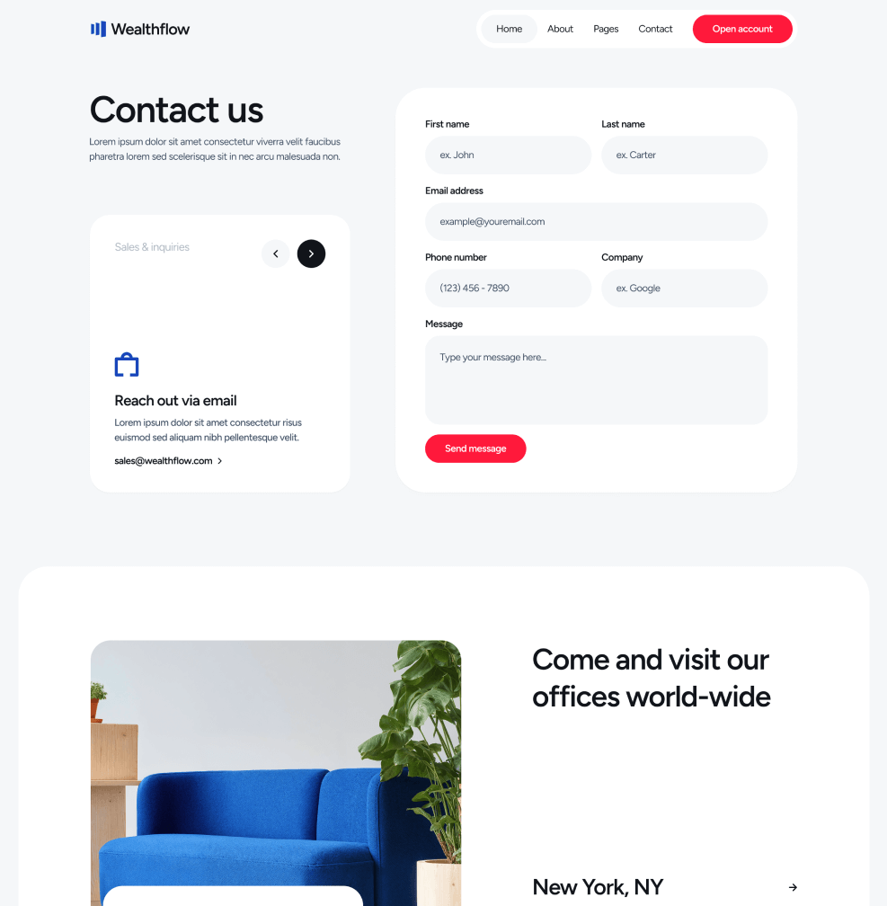 Wealthflow - Contact V1 Main Page - Bank Webflow Template | BRIX Template