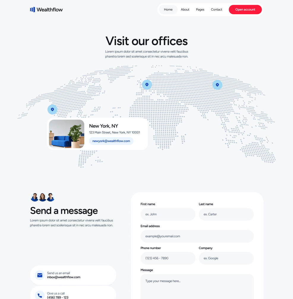 Wealthflow - Contact V2 Main Page - Bank Webflow Template | BRIX Template