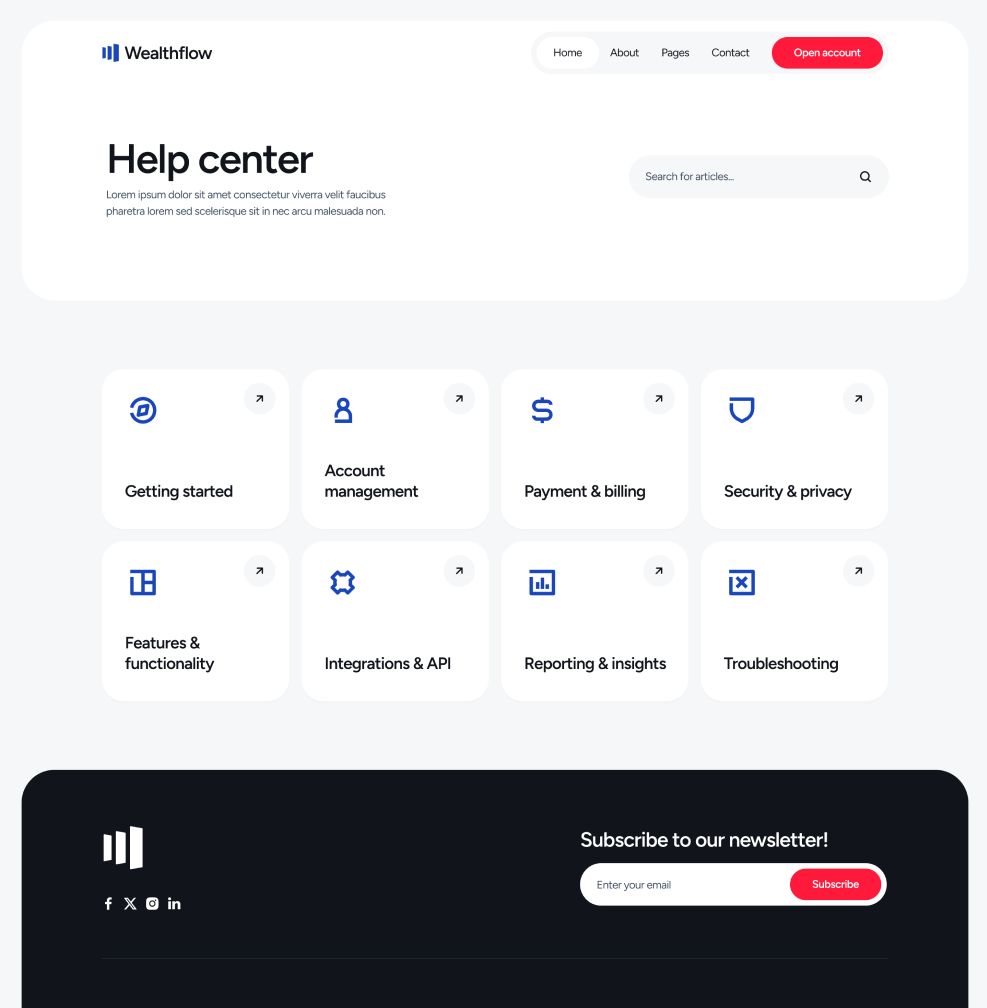 Wealthflow - Help Center Utility Page - Bank Webflow Template | BRIX Template