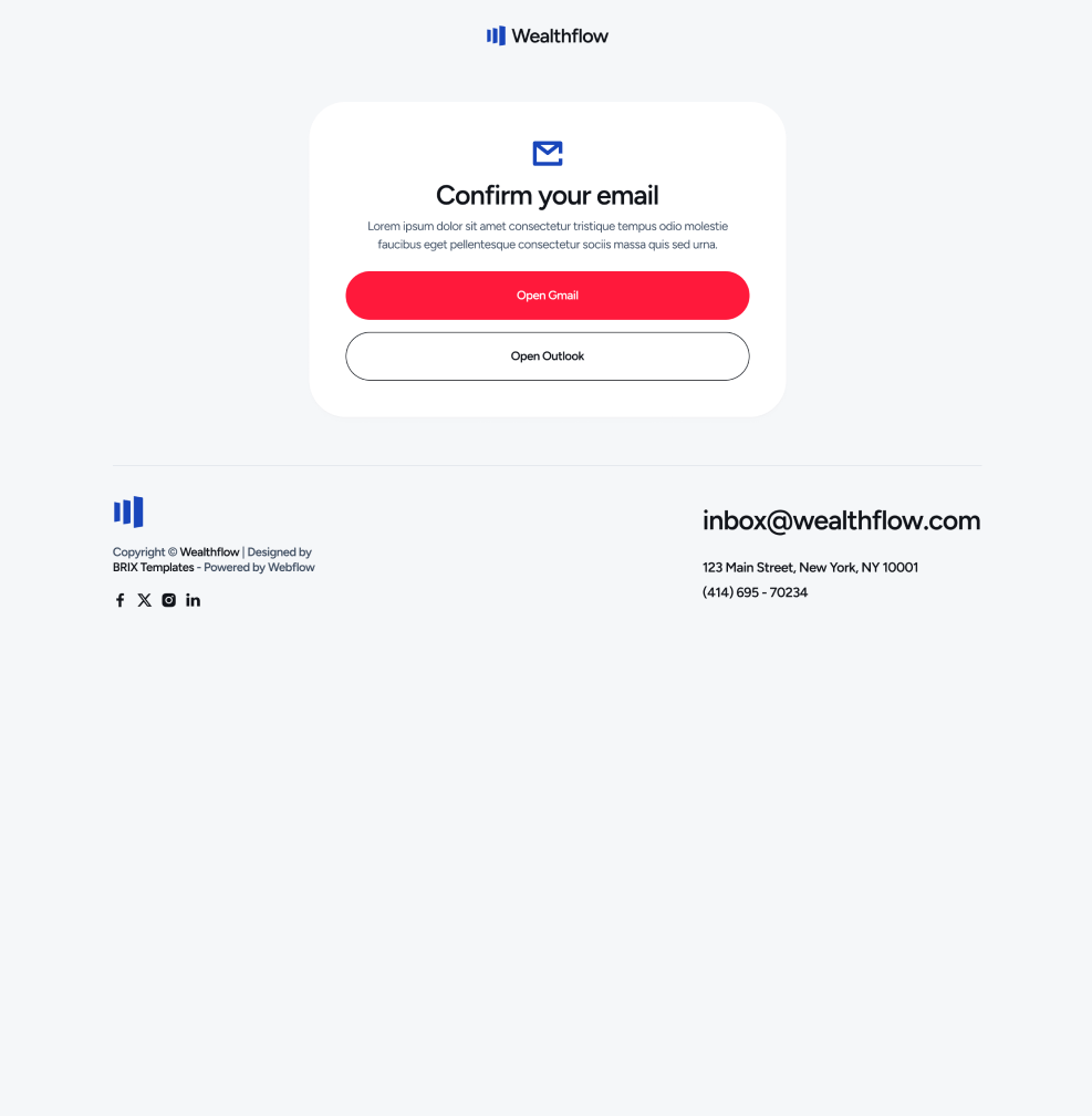 Wealthflow - Email Confirmation Utility Page - Bank Webflow Template | BRIX Template