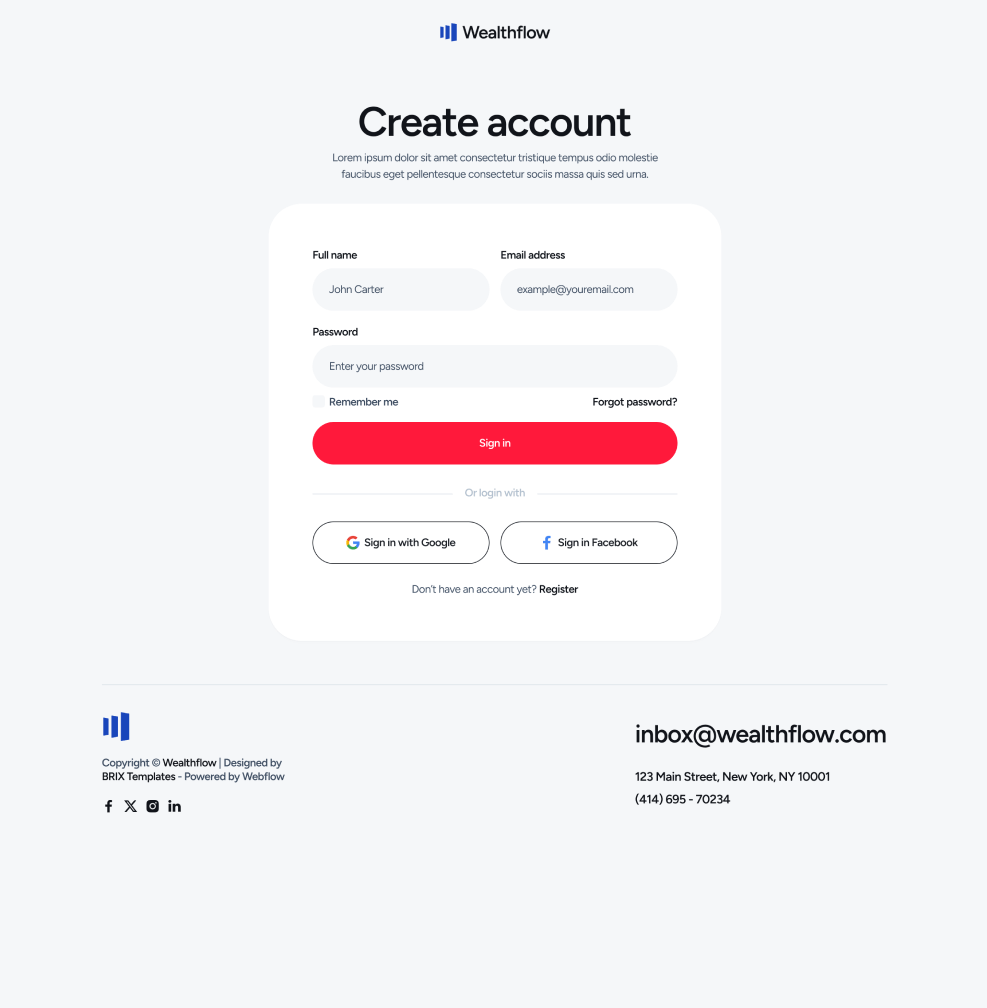 Wealthflow - Sign Up Utility Page - Bank Webflow Template | BRIX Template