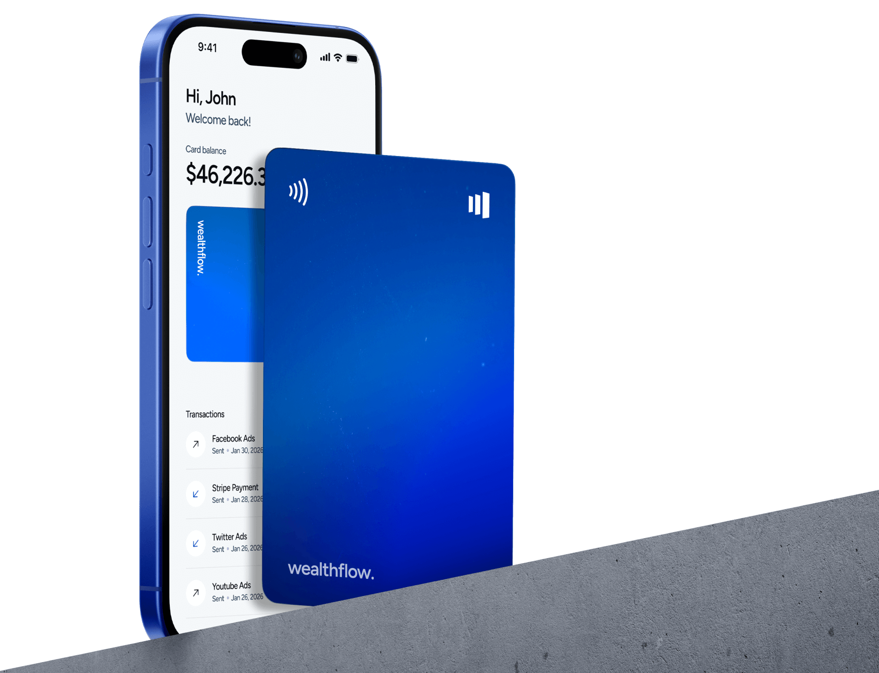 Blue Contactless Card Floating Before Wealthflow Mobile App - Wealthflow Webflow Template | BRIX Template