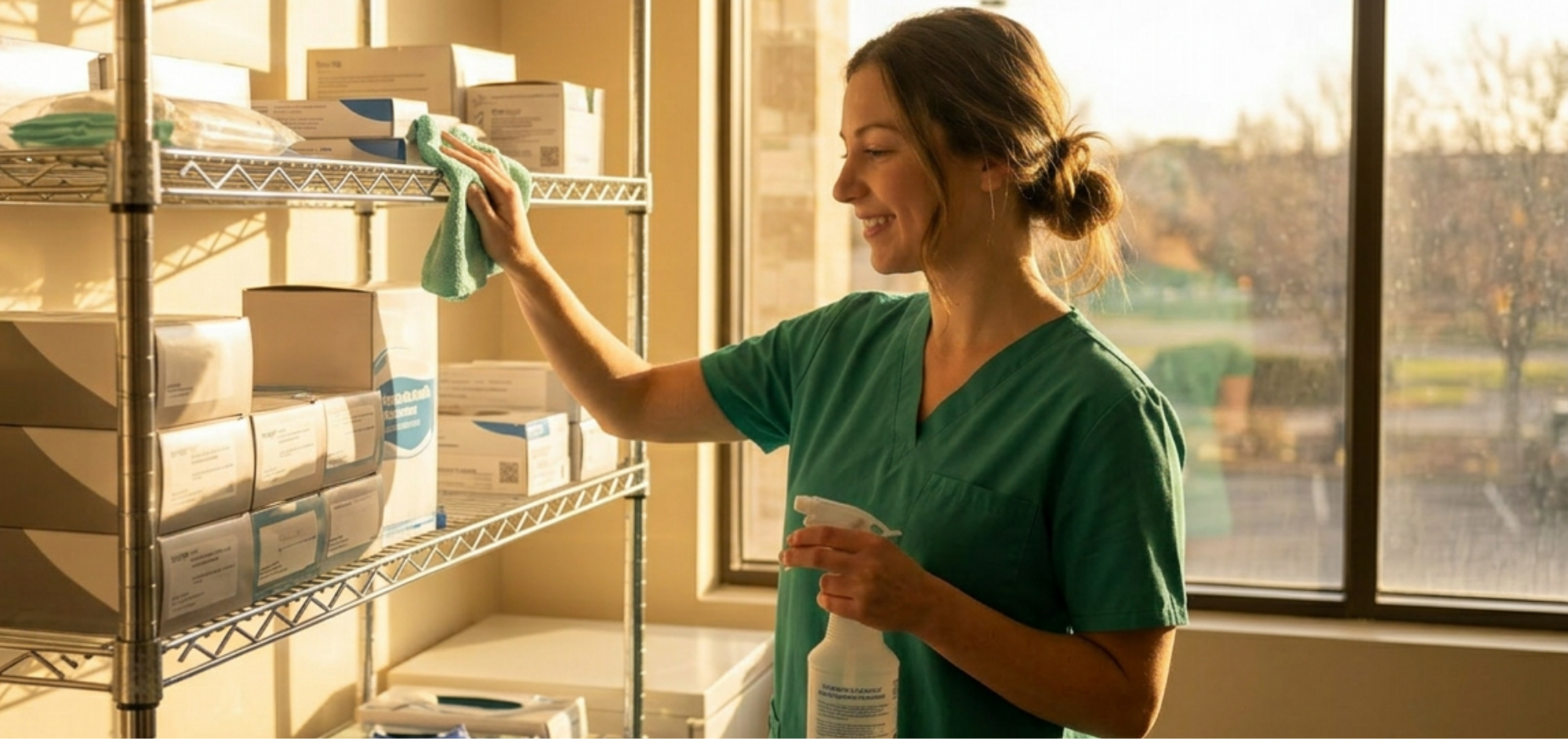 Assistante dentaire souriante nettoyant une étagère de fournitures médicales avec un spray