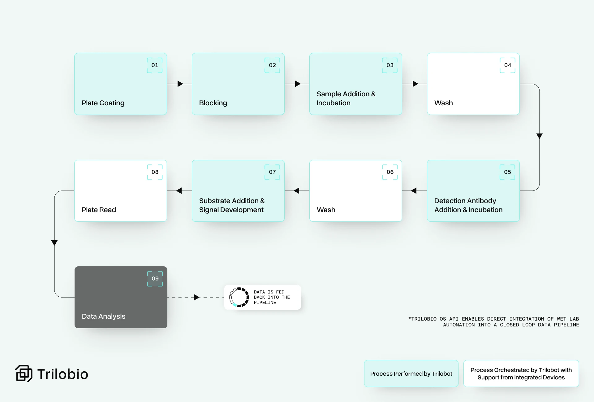 A diagram showing how Trilobio automates ELISA Test workflows.