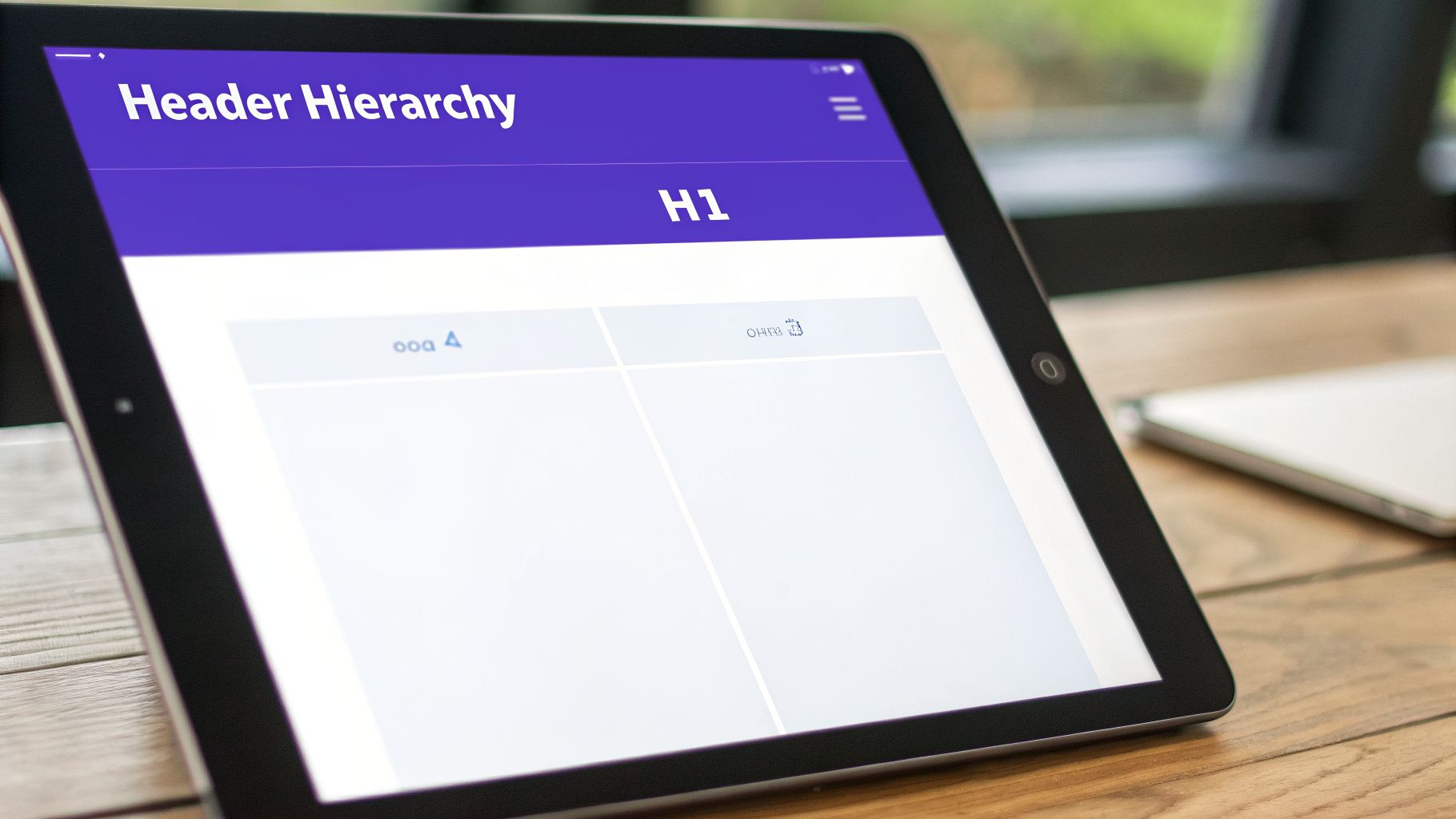A close-up of a tablet displaying a 'Header Hierarchy' application on a wooden table.