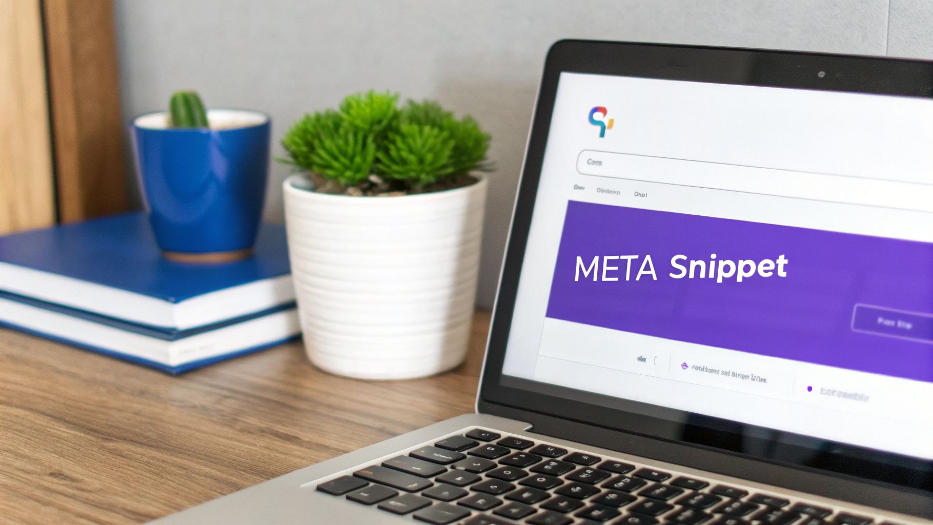A laptop on a wooden desk displaying 'META Snippet' on screen, next to potted plants and blue books.