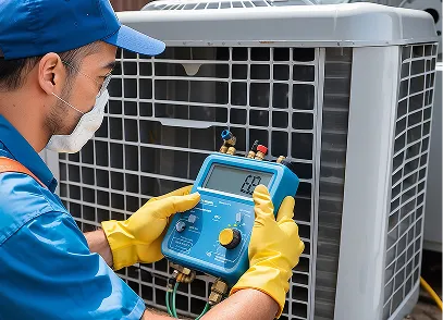 Technician wearing mask and yellow gloves using a digital gauge to check an air conditioning unit outdoors.