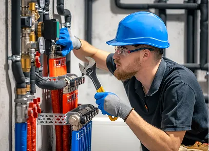 Plumber wearing a blue hard hat and gloves tightening pipes with a wrench in a mechanical room.
