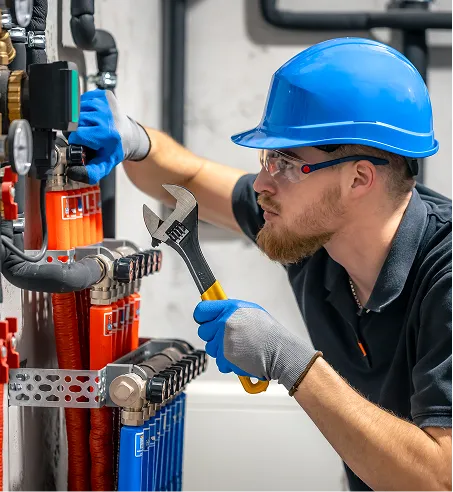A plumber wearing a blue hard hat, safety glasses, and gloves adjusts a valve with a wrench on a complex plumbing system.